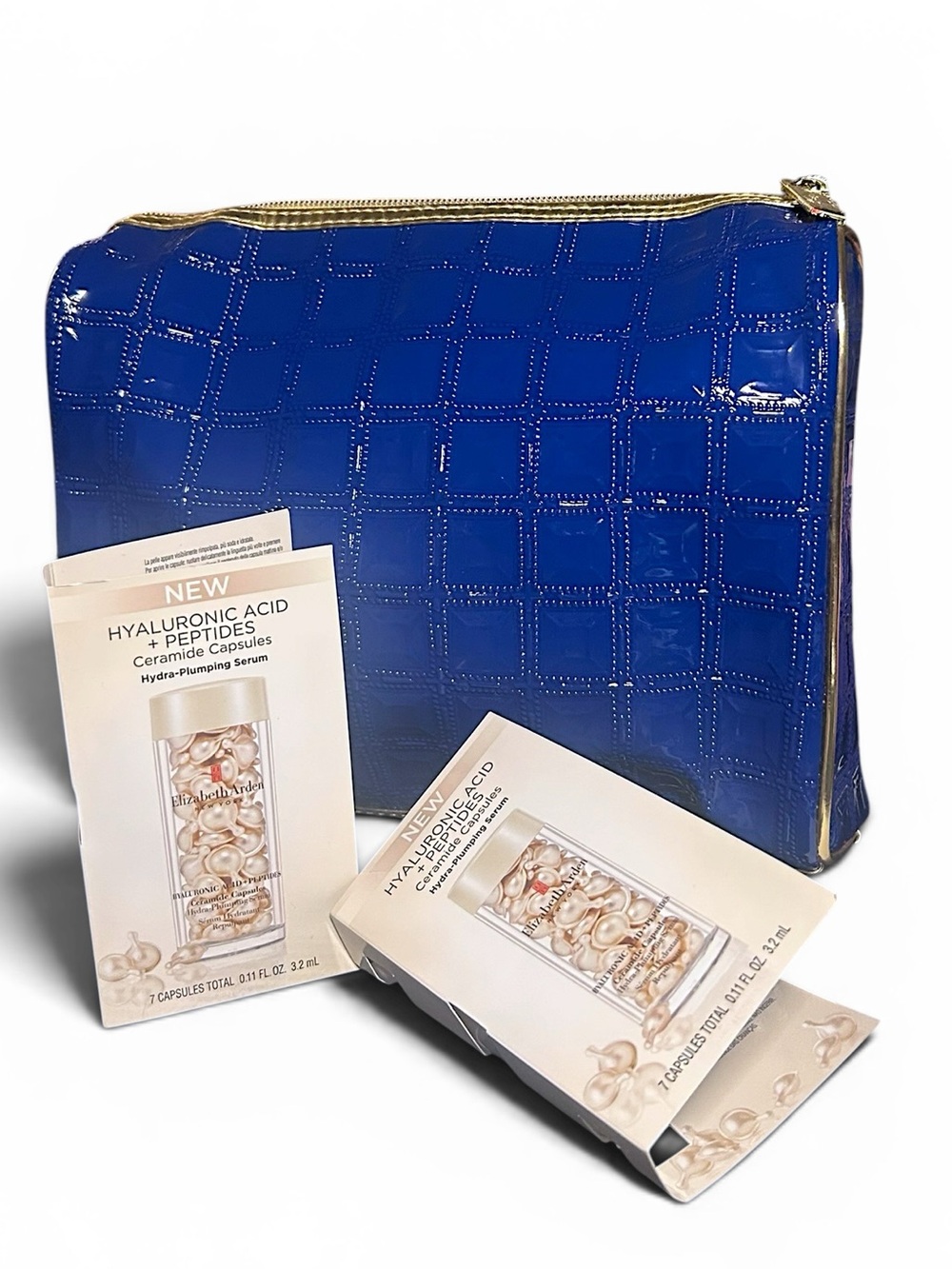 Elizabeth Arden Blue Patent-Style Gold Makeup Bag + 2 Ceramide Capsule Samples